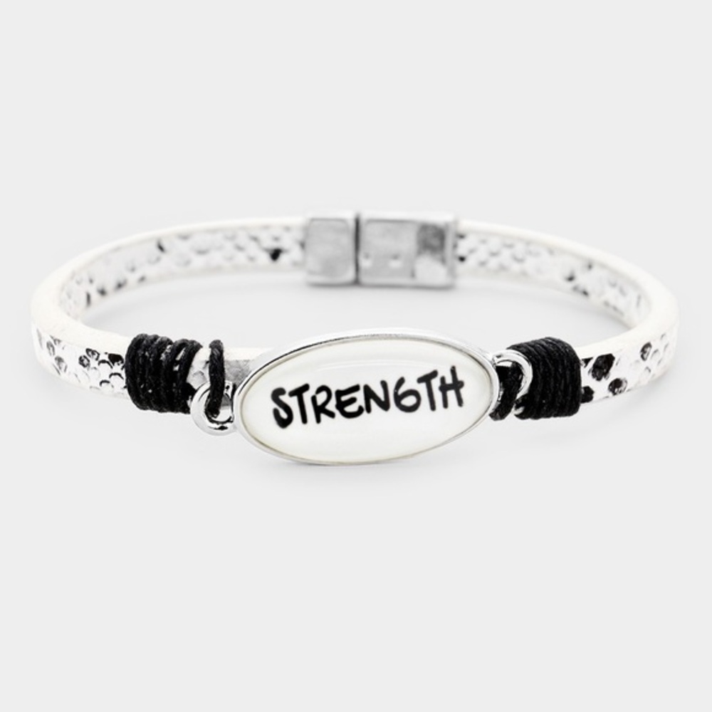 Silver white animal print leather Strength message bracelet